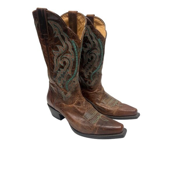 JB Dillon Vintage Brown & Teal Leather Cowboy Western Boots - Picture 2 of 9